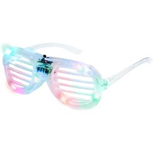 A pair of novelty glasses with colourful LED lights and a clear frame featuring slatted design.