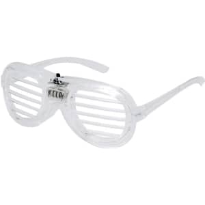 Clear novelty glasses with horizontal slats, featuring a small logo on the front. Ideal for fun events and parties.