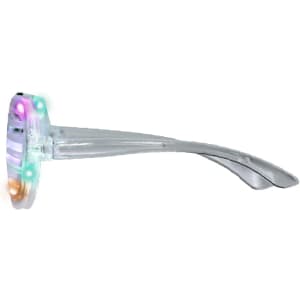 LED glasses with a transparent frame and multicoloured lights around the lenses. Includes branding.