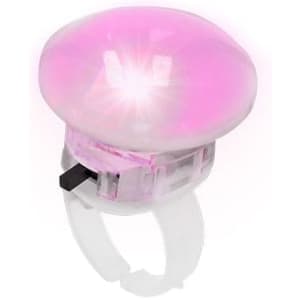 A pink novelty ring featuring a large, light-up dome and a clear plastic band. It has a logo.
