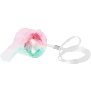 A translucent pink and green whistle with a light feature and a ribbon attached. It has a logo on its body.