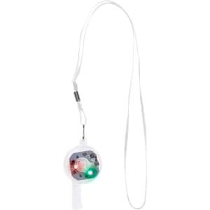 A novelty whistle in white, featuring a red and green light, attached to a lanyard.
