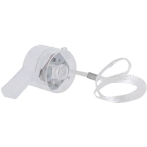 A clear plastic whistle with a cord, featuring a light refraction design and a small logo.
