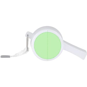 A white whistle with a green section and a pull cord attached, featuring a simple design.