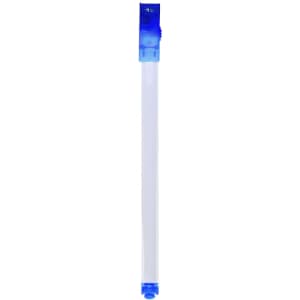 A transparent drink bottle with a blue lid and base, featuring a logo near the top.
