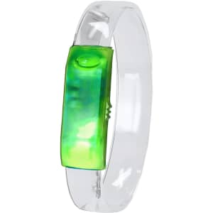 A clear bracelet featuring a vibrant green centrepiece with a button. It has a sleek, novelty design.
