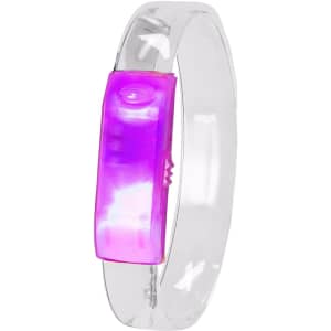 A clear bracelet featuring a pink translucent section, designed as a novelty item. It includes a logo.