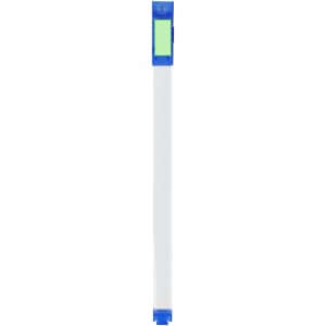 A novelty bracelet in blue and white with a section that appears to be a light green block. It features a logo.