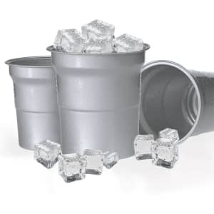 A drink cup set in silver, featuring three cups with ice cubes around them. The cups have a metallic finish.