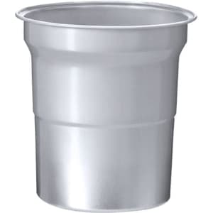 A drink bottle in a shiny silver finish, featuring a simple cylindrical design and a branding logo.