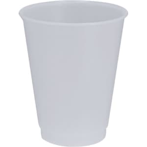 A plastic cup in a transparent white colour, featuring a logo on its surface. Ideal for drinks and beverages.