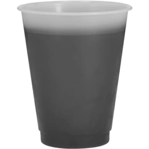 A plastic cup in a gradient of grey, featuring a simple design and a visible logo.