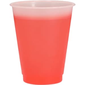 A drink cup in a translucent red colour, featuring a smooth surface and a simple design. It has a logo on the side.