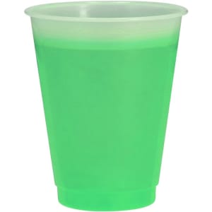 A green plastic cup with a translucent finish, suitable for drinks. It features a simple design with a logo.