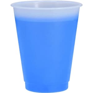 A blue plastic cup with a translucent gradient design. It features a simple, smooth shape and has a logo.