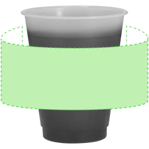 A plastic drink cup featuring a gradient design from grey to clear, with a logo on the surface.