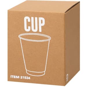 A brown cardboard box featuring an illustration of a plastic cup, labelled with "CUP" and a item number.