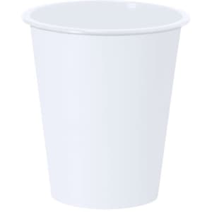 A white plastic cup with a smooth surface and a simple design, featuring a logo.