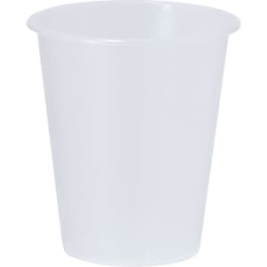 A drink bottle featuring a translucent white design, shaped like a classic cup, with a simple branding logo.