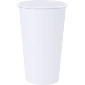 A white plastic cup with a smooth finish and a slight taper, featuring a logo.