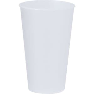A white plastic cup with a tapered design and a smooth surface. Features a logo on one side.