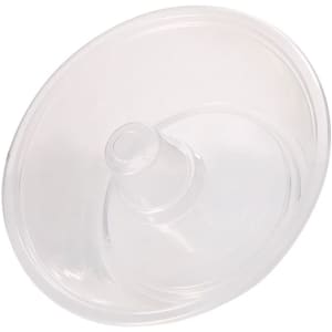A clear plastic bowl with a central stand featuring a smooth, oval shape. It has a simple design and a glossy finish.