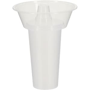A clear plastic bowl with a tapered base and flared top, featuring a central opening.