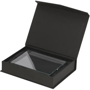 A glass plaque in a black presentation box, featuring a sleek, angular design.