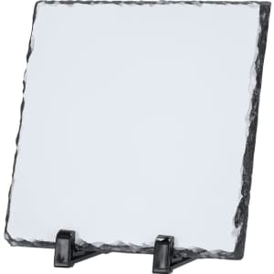 A square sublimation plaque with a textured black edge, displayed on a double black stand.
