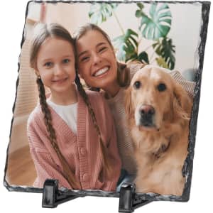 A decorative sublimation plaque featuring a photo of two smiling girls and a golden retriever, with a black base.