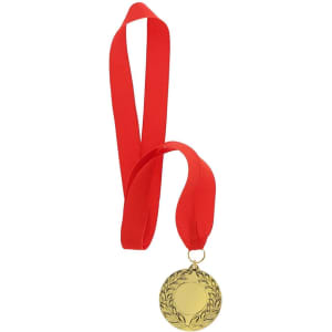 A gold medal with a laurel design, hanging from a bright red ribbon.