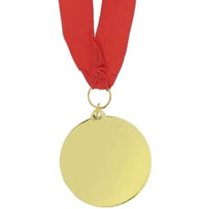 A gold medal with a red ribbon attached, featuring a smooth circular surface and a small loop for hanging.