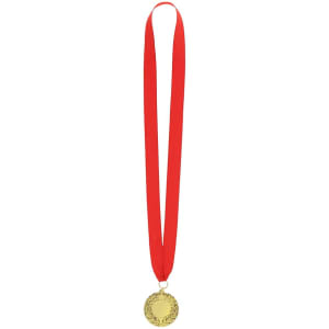 A gold medal attached to a red ribbon, featuring a circular design with a detailed relief.