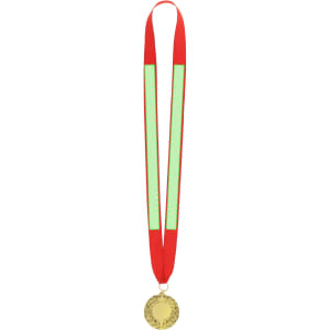 A gold medal with a decorative laurel design, hanging from a red and green ribbon.