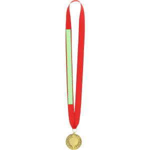 A gold medal with a laurel design hangs from a red ribbon. The ribbon features a green section.