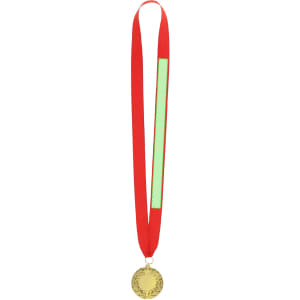 A gold medal with a laurel design, attached to a red ribbon, featuring a blank section for customisation.