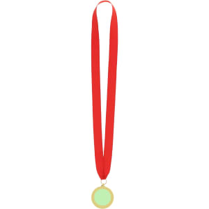 A gold medal with a green centre, suspended from a red ribbon. Contains a logo.