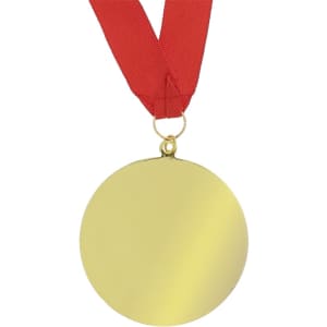 A gold medal with a blank surface, attached to a red ribbon.