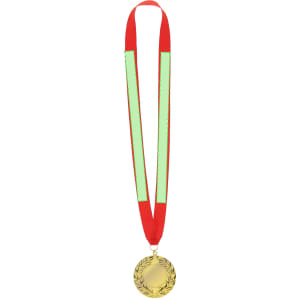 A gold medal with a laurel design, suspended from a red and light green ribbon.