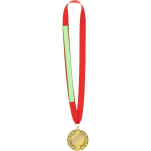 A gold medal with a laurel design, attached to a red ribbon. The ribbon has a green accent.