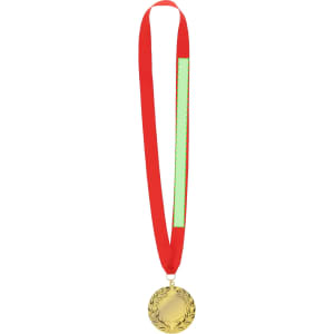 A gold medal with an ornate design, hanging from a red ribbon. It features a blank section on the ribbon.