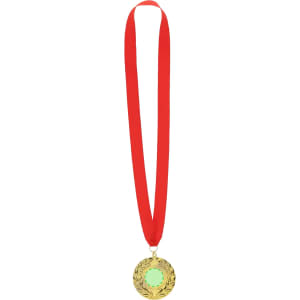 A gold medal with a green centre, suspended from a red ribbon, designed for awards and trophies.