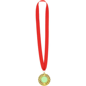 A gold medal with a green centre, attached to a red ribbon for awards and events.