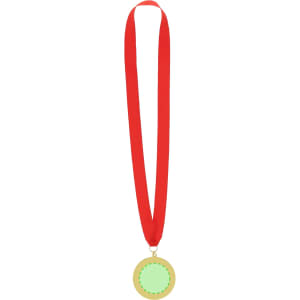 A gold medal with a blank green centre, hanging from a red ribbon. Suitable for awards and trophies.
