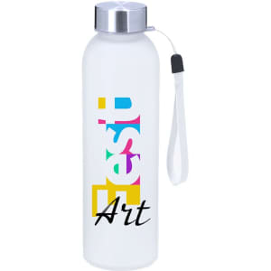 A drink bottle in clear with a silver lid, featuring a multicoloured graphic design and a carrying strap.