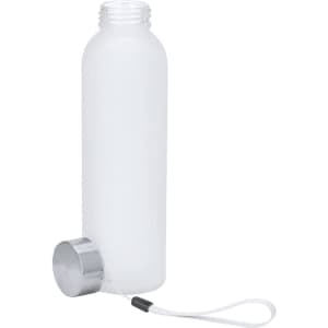 A drink bottle in frosted white with a silver cap and a corded attachment. Features a logo on the surface.
