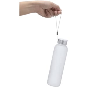 A drink bottle in clear plastic, held by a hand, with a metal screw cap and a hanging loop.