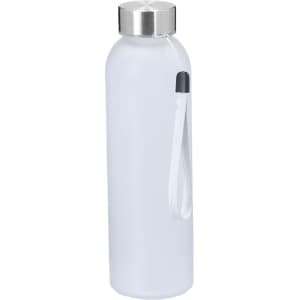 A drink bottle with a sleek, frosted design and a stainless steel lid, featuring a strap for easy carrying.