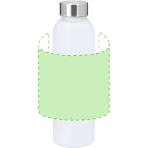 A drink bottle with a stainless steel lid and a white body, featuring a green blank area for custom designs.
