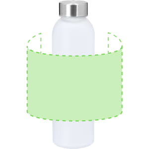 A drink bottle in white with a stainless steel cap and an area for custom designs in light green.